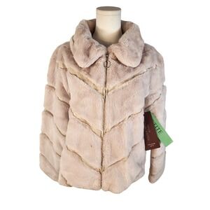 Polished Poised Petite Faux Fur Chevron Jacket Light Pink Zip Front Women's PS